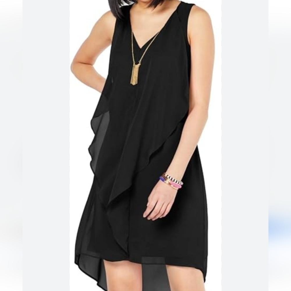 International Concepts INC Black V Neck Ruffle Dress Chiffon MP - Picture 2 of 14
